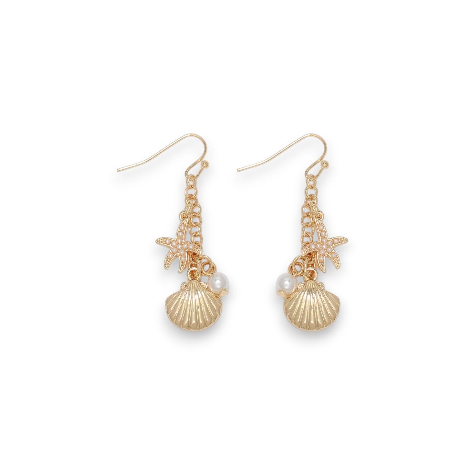 Scallop Shell Dangle With Starfish And Pearls - Earrings - Mellow Monkey