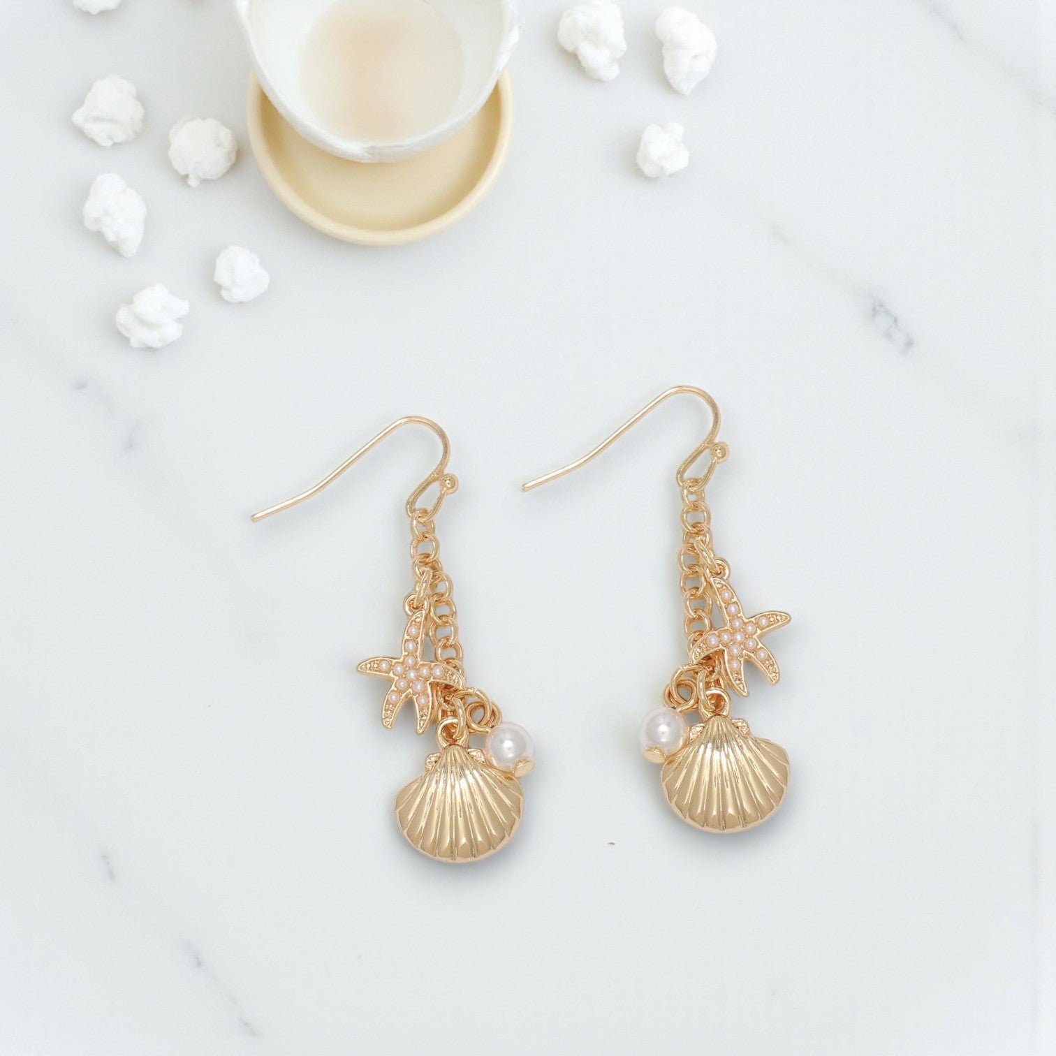 Scallop Shell Dangle With Starfish And Pearls - Earrings - Mellow Monkey