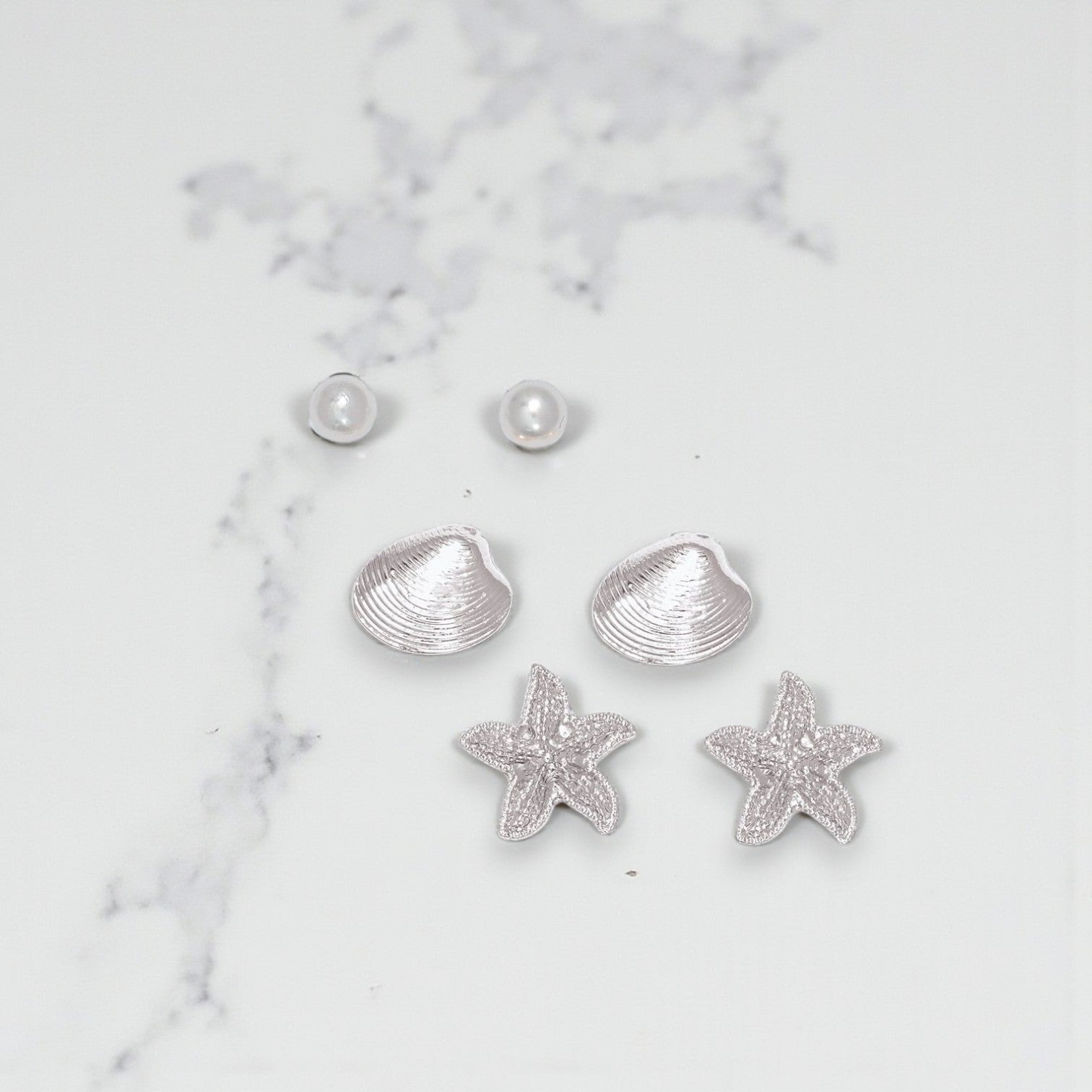Textured Silver Sea Life With Pearls - Earrings - Mellow Monkey