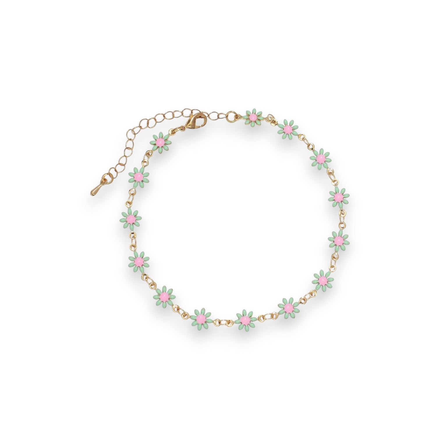 Stationed Pastel Enamel Daisies On Gold Chain - Anklet - Mellow Monkey