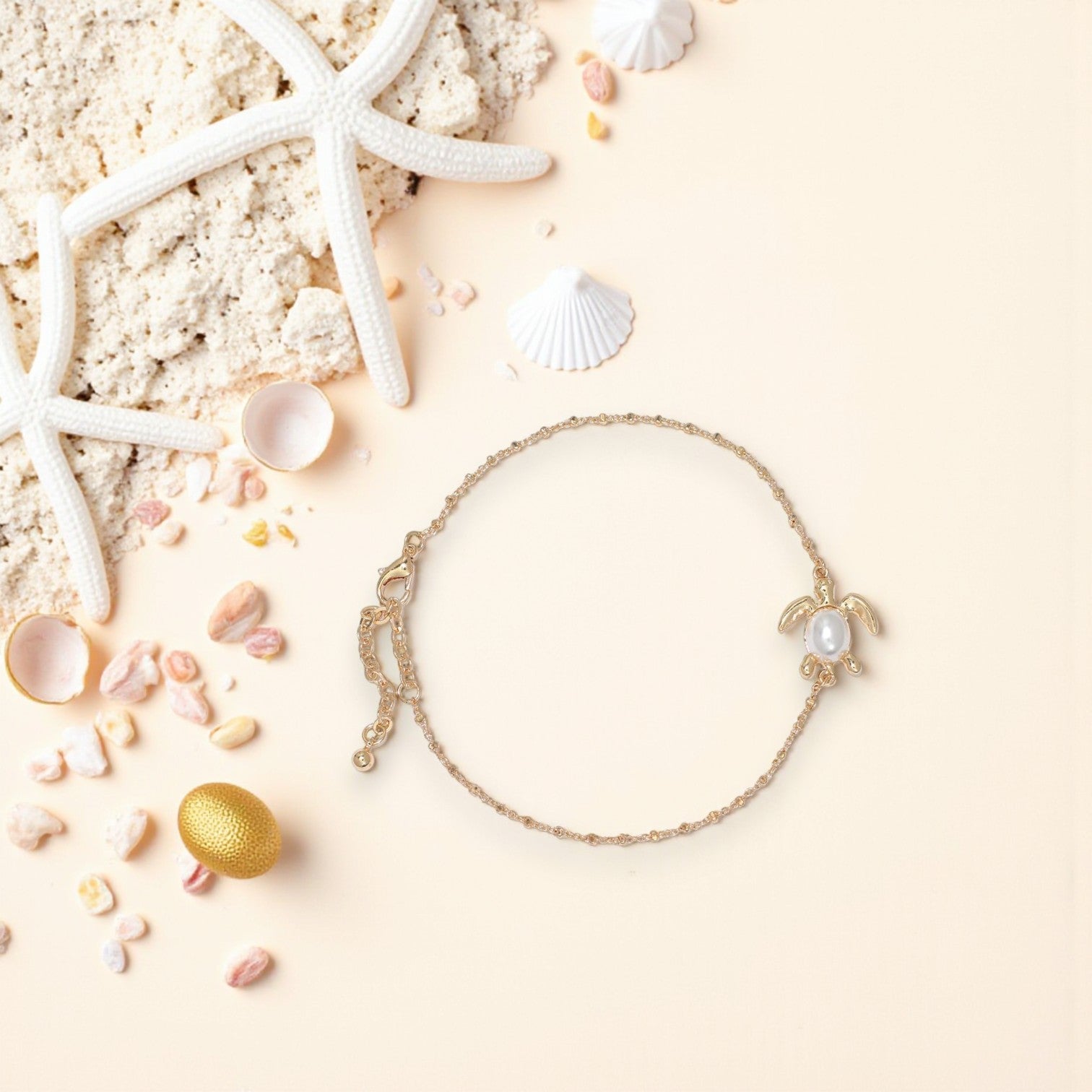 Gold Stations With Turtle And Pearl - Anklet - Mellow Monkey