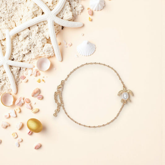 Gold Stations With Turtle And Pearl - Anklet - Mellow Monkey