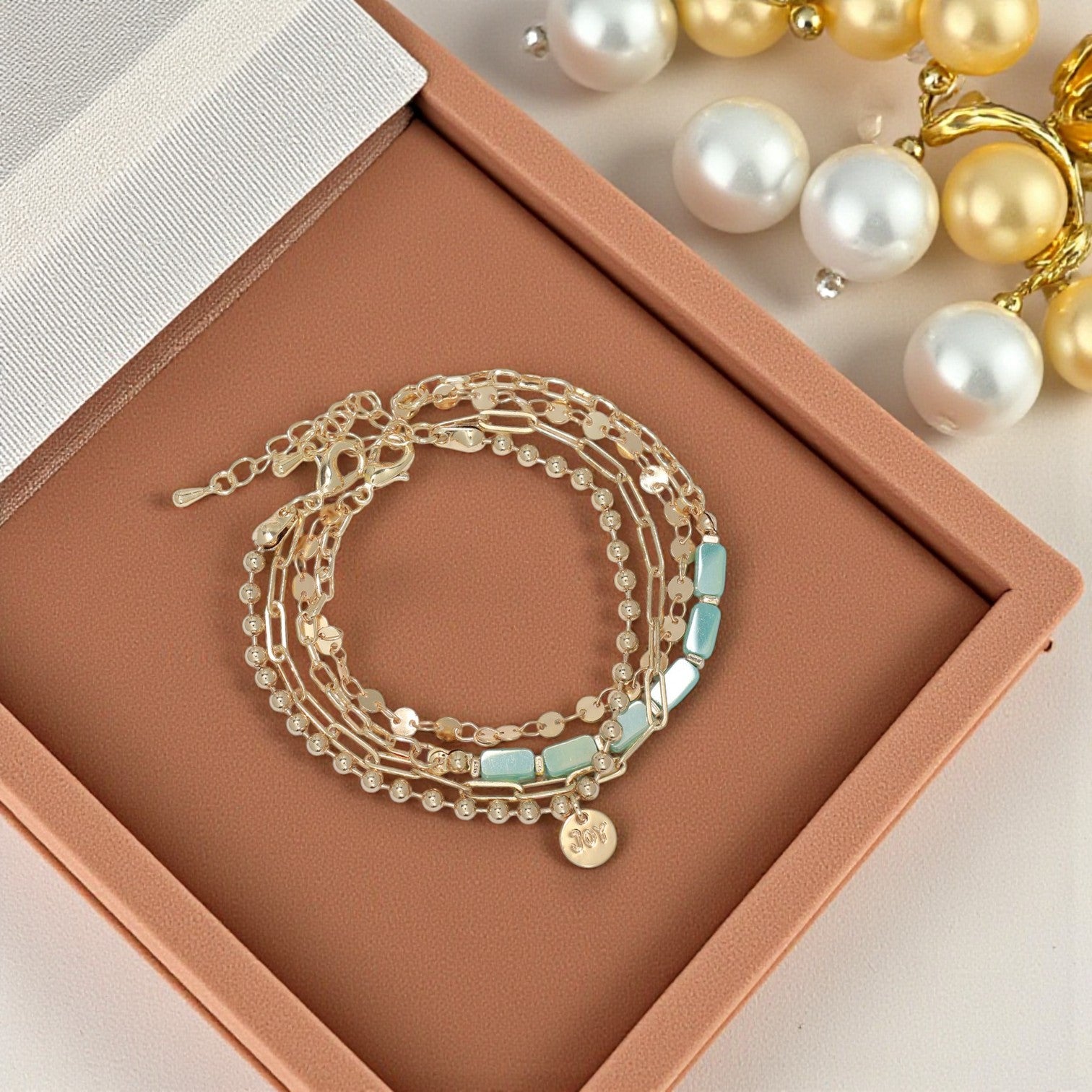 Gold Chains With Aqua Beads - Bracelet - Mellow Monkey