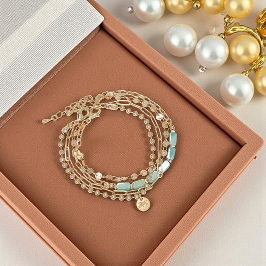 Gold Chains With Aqua Beads - Bracelet - Mellow Monkey