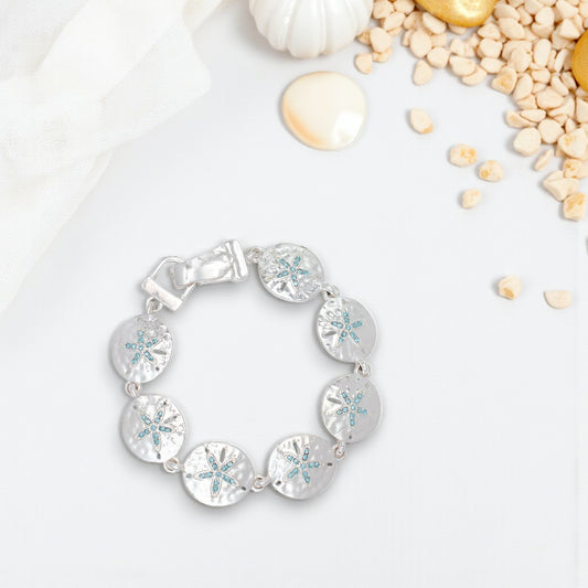 Silver Sand Dollar And Aqua Crystals - Bracelet - Mellow Monkey
