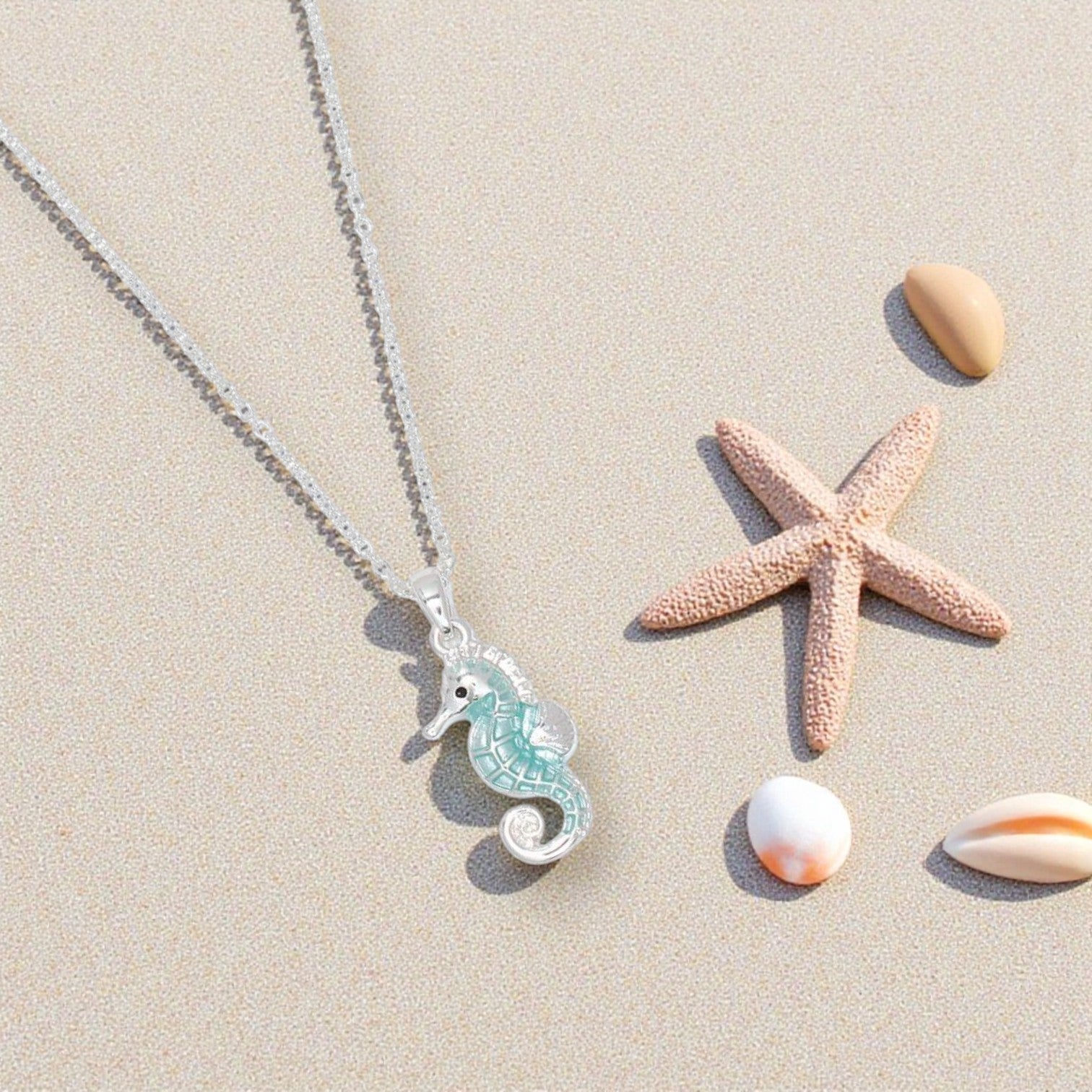 Silver Sea Horse In Clear Aqua - Necklace - Mellow Monkey