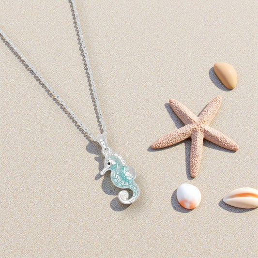 Silver Sea Horse In Clear Aqua - Necklace - Mellow Monkey