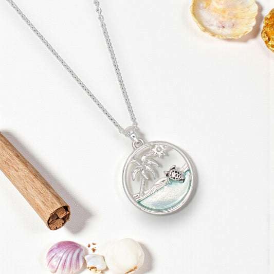 Swimming Turtle In A Palm Beach Scene - Necklace - Mellow Monkey
