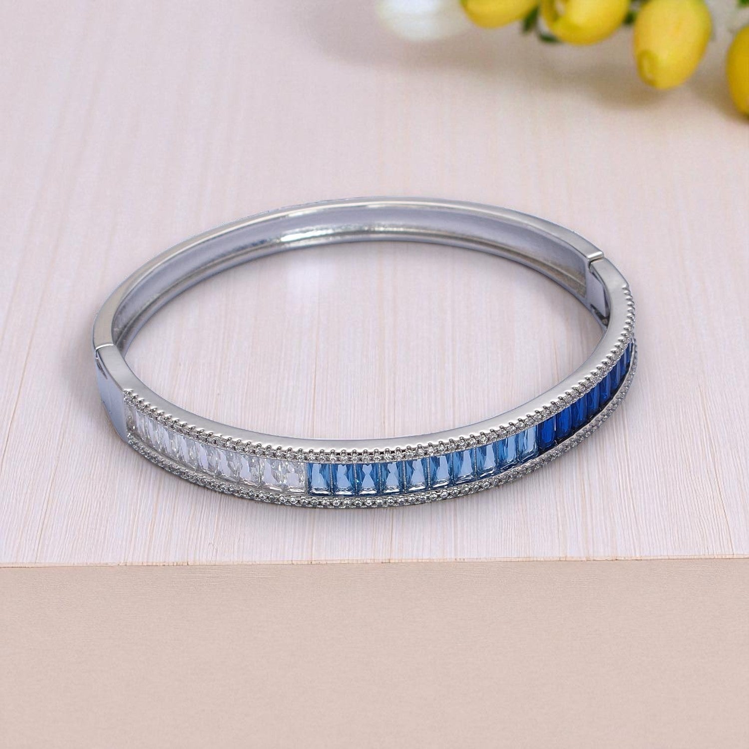 Ombre CZ Baguette Bangle Bracelet in Silver - Clear and Blue - Mellow Monkey