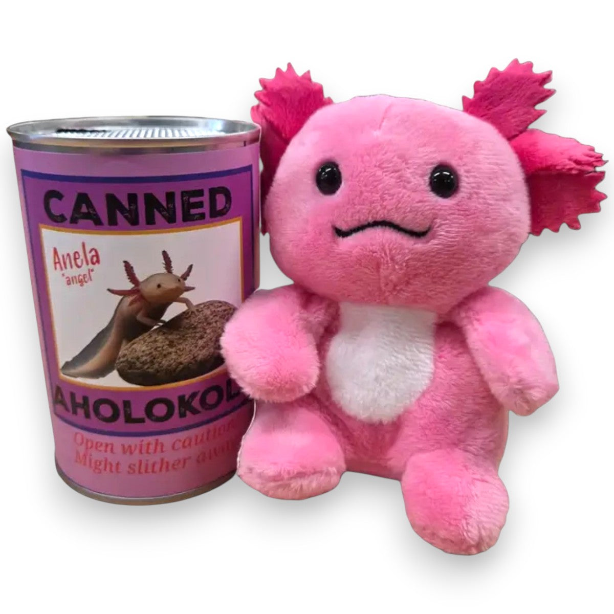 Hawaiian Canned Aholokolo- Pink Axolotl Plush With Jokes And Pop Top Lid - Mellow Monkey