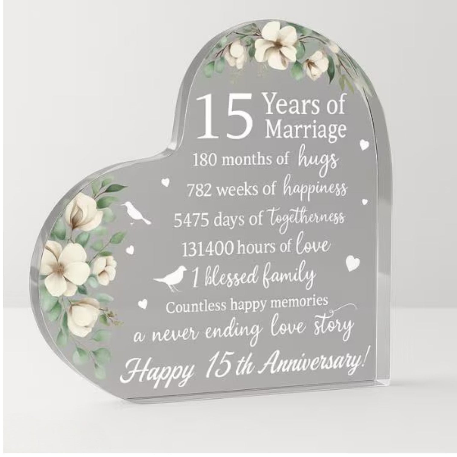 15 Years of Marriage Gift – Acrylic Heart Keepsake - 3.75-in - Mellow Monkey
