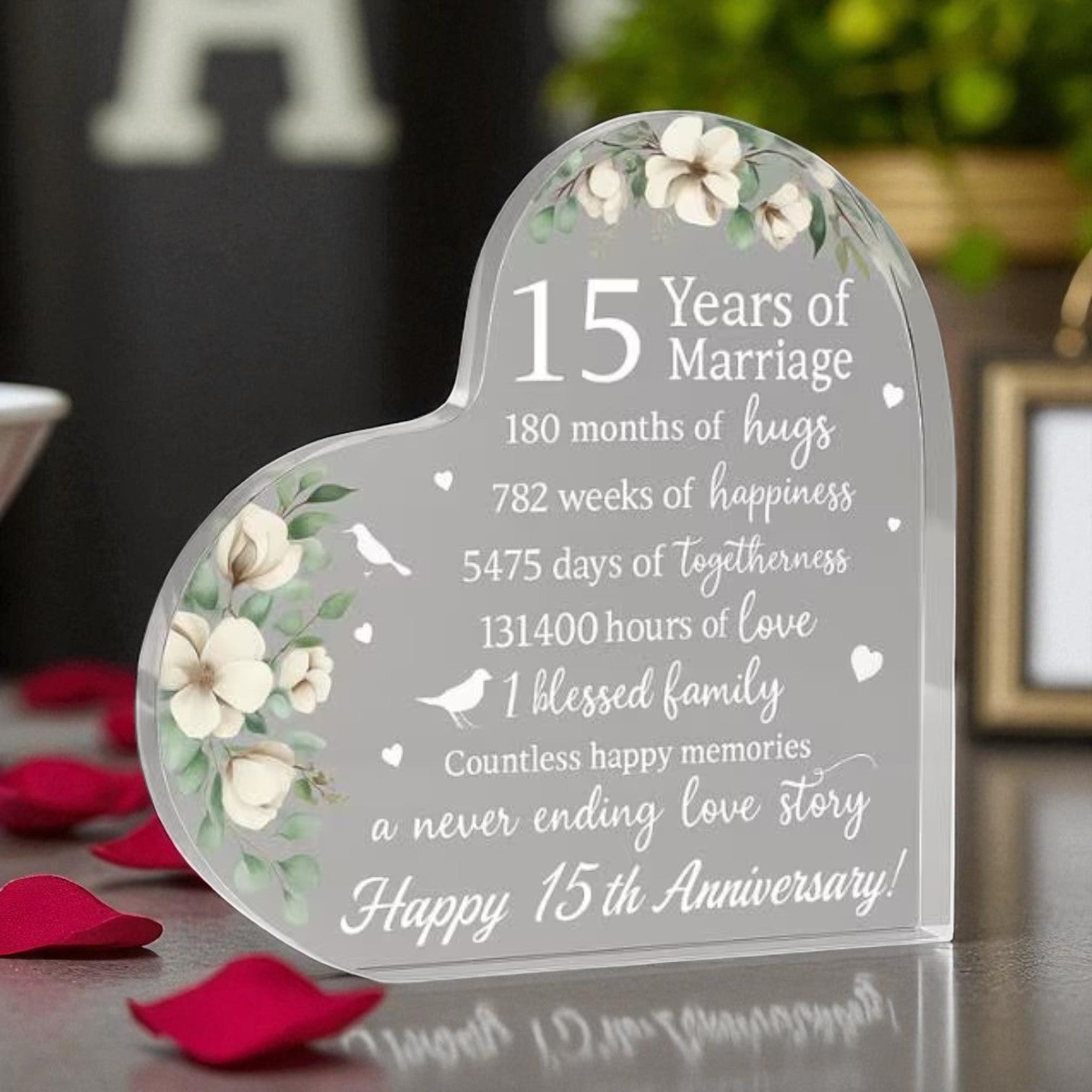 15 Years of Marriage Gift – Acrylic Heart Keepsake - 3.75-in - Mellow Monkey