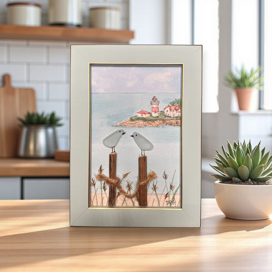Stratford Point Lighthouse Sea Glass Birds on Watercolor Print - Framed Teal 7-1/4-in - Mellow Monkey