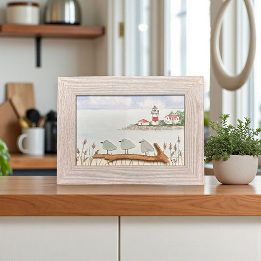 Stratford Point Lighthouse Sea Glass Birds on Watercolor Print - Framed White Washed 7-1/2-in Horizontal - Mellow Monkey
