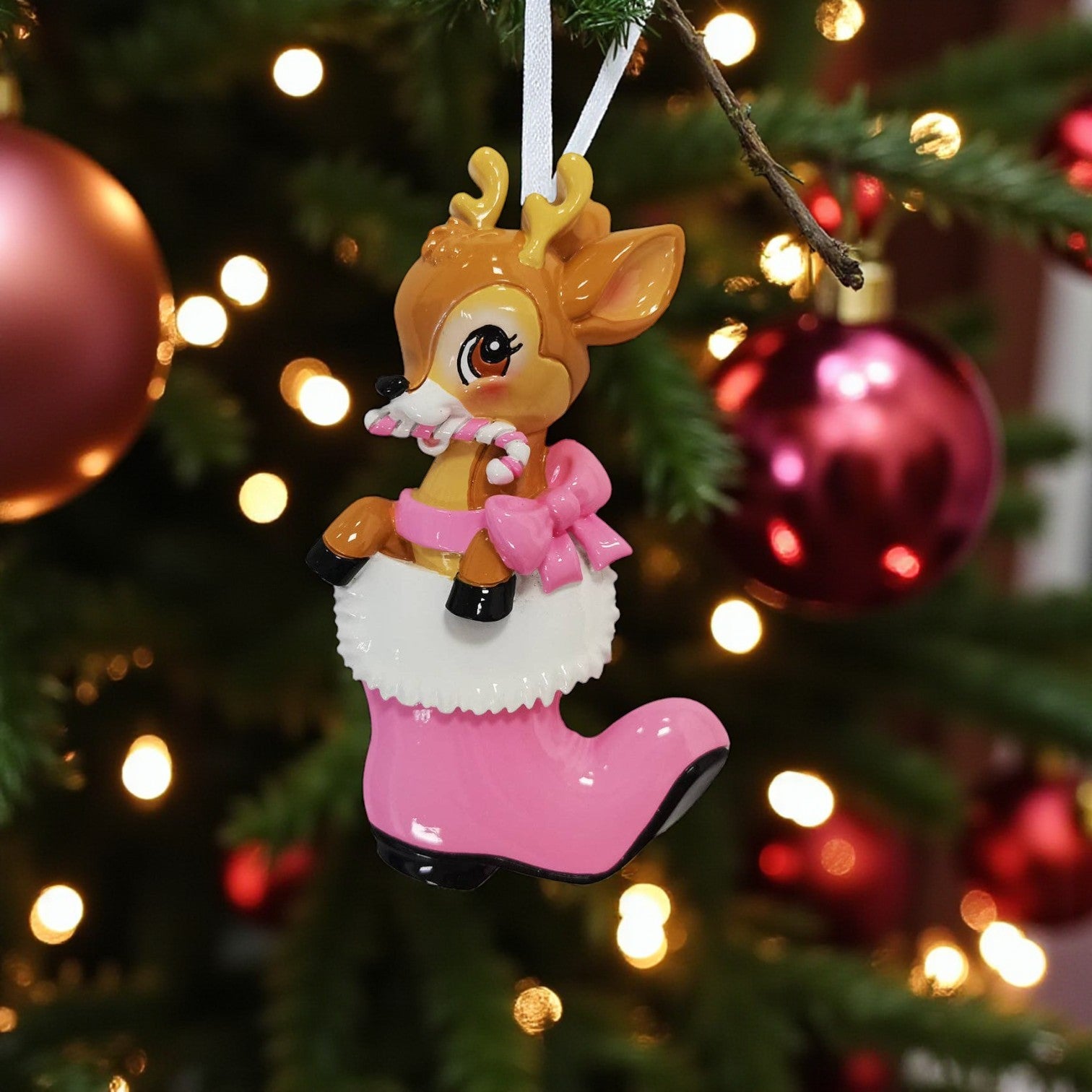 Nostalgic Baby Deer in Boot Personalized Ornament: Pink - Mellow Monkey