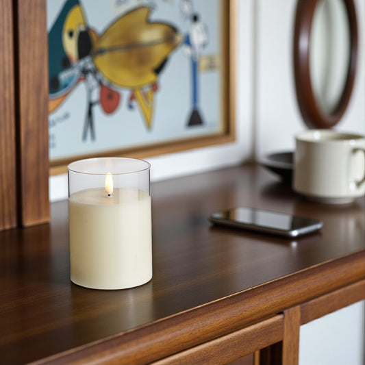 Flameless Clear Glass Ivory Pillar Candle - 3-1/2-in x 5-in - Mellow Monkey