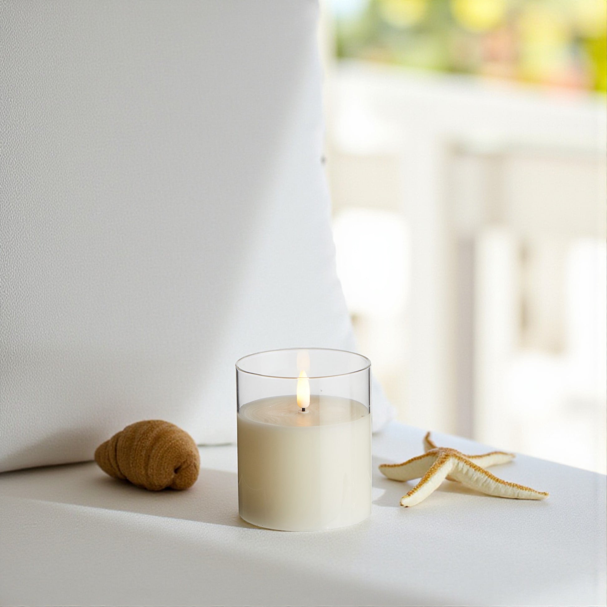 Flameless Clear Glass Ivory Pillar Candle - 3-1/2-in x 4-in - Mellow Monkey