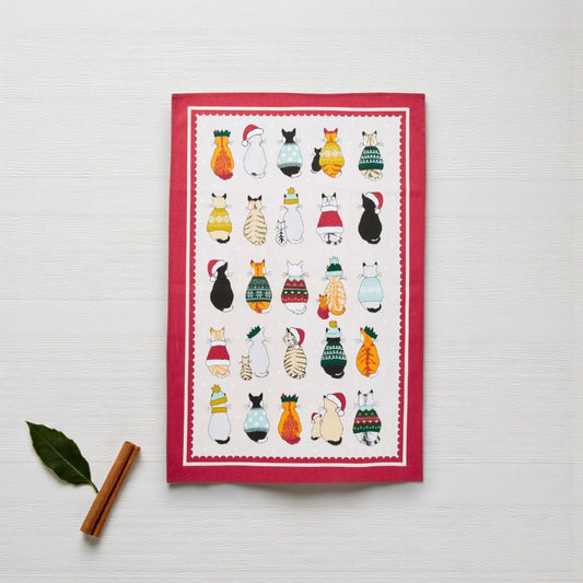 Christmas Cats in Waiting Cotton Tea Towel - Mellow Monkey