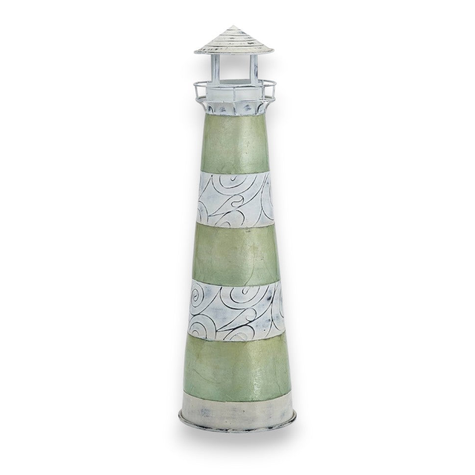 Seaside Green Striped Metal and Capiz Lighthouse - 15-in - Mellow Monkey