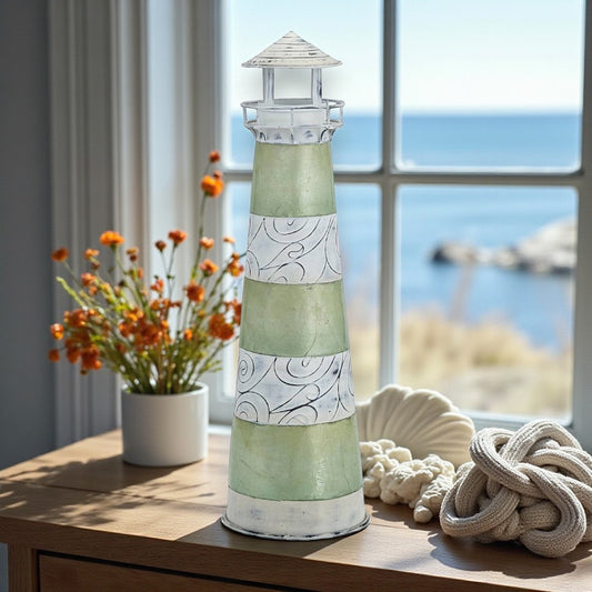 Seaside Green Striped Metal and Capiz Lighthouse - 15-in - Mellow Monkey