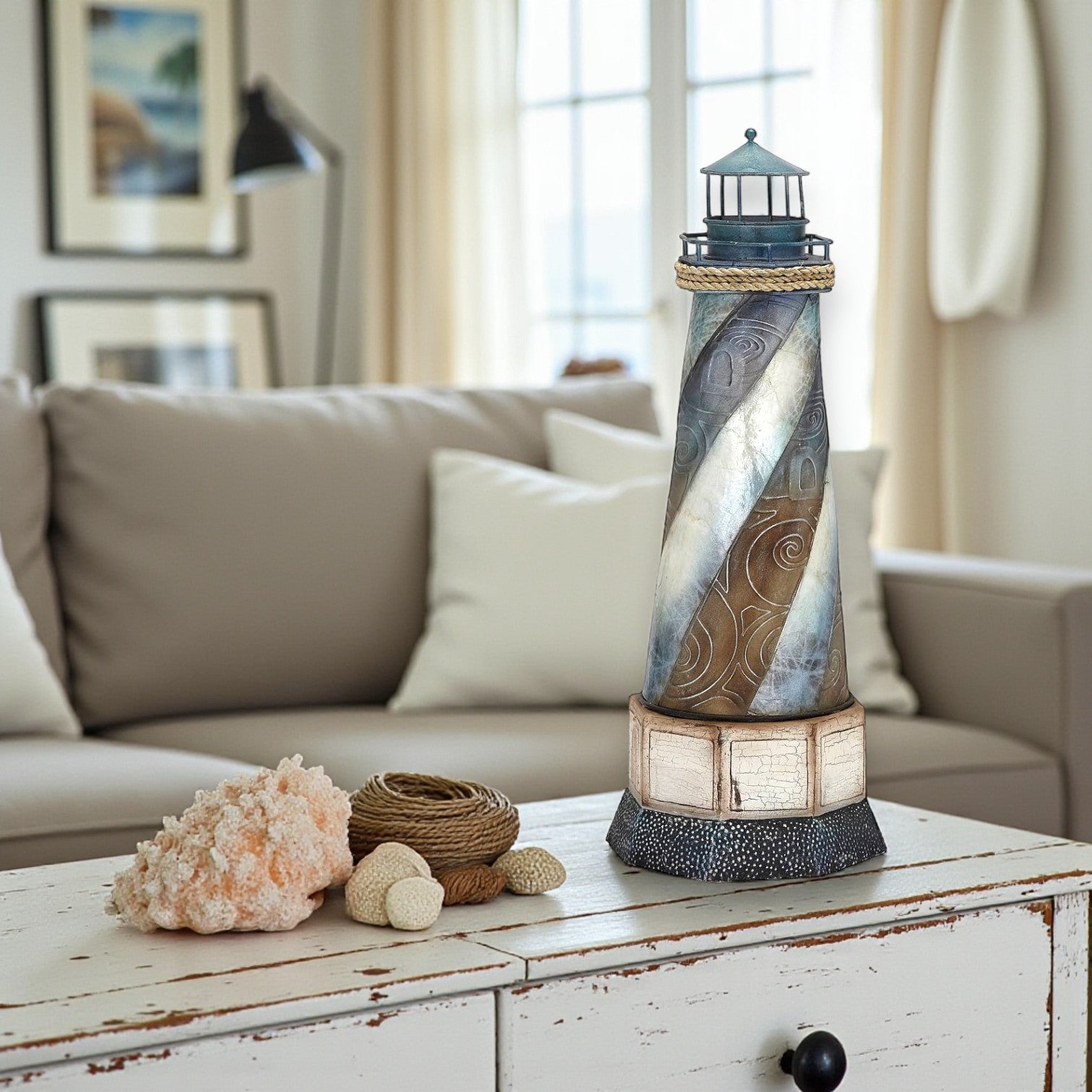 Seafoam 3D Lighthouse 16.5" - Metal & Capiz Art - Mellow Monkey