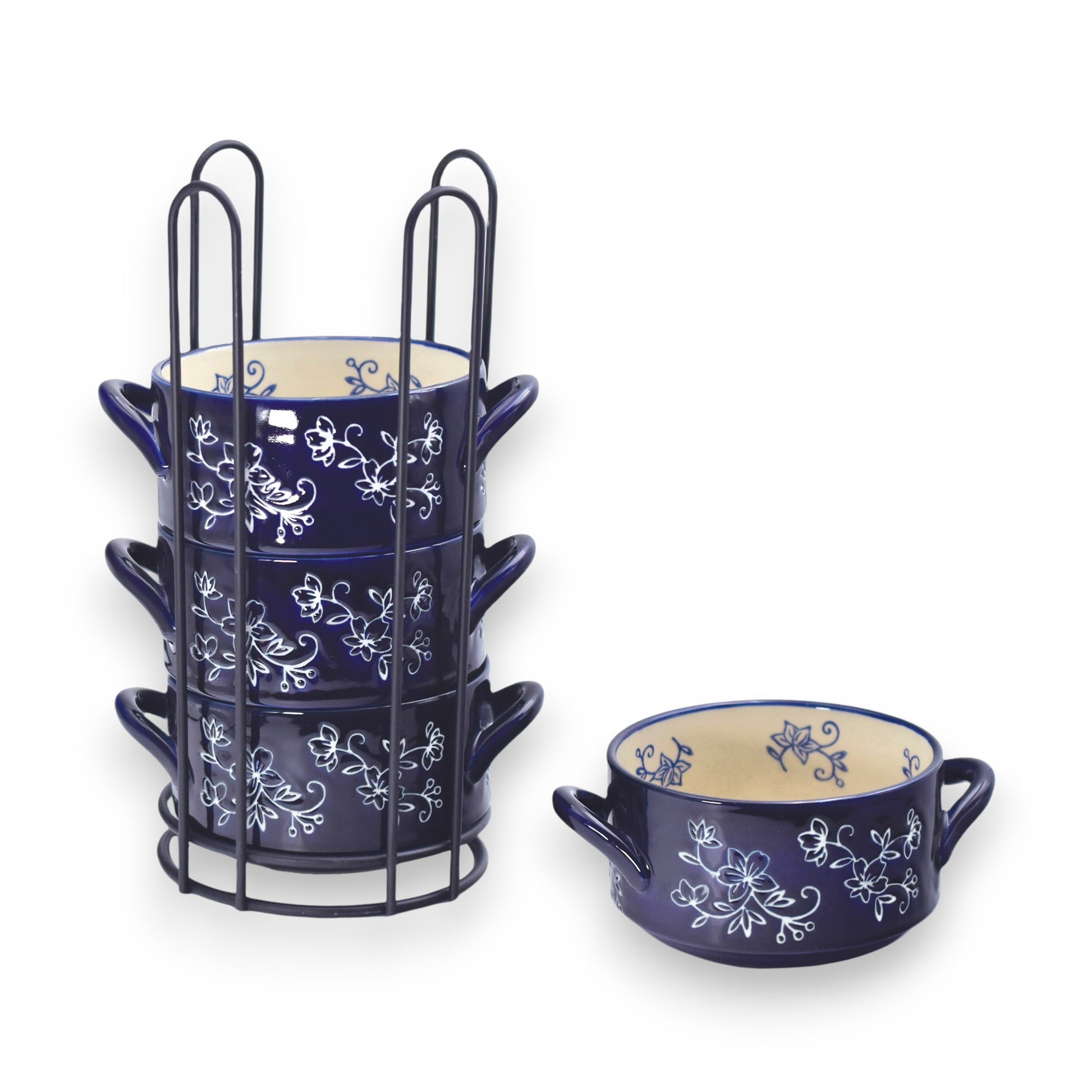 Floral Lace Blue Stack-A-Bowls with Rack - Set of 4 - 22-oz - Temp-tations - Mellow Monkey
