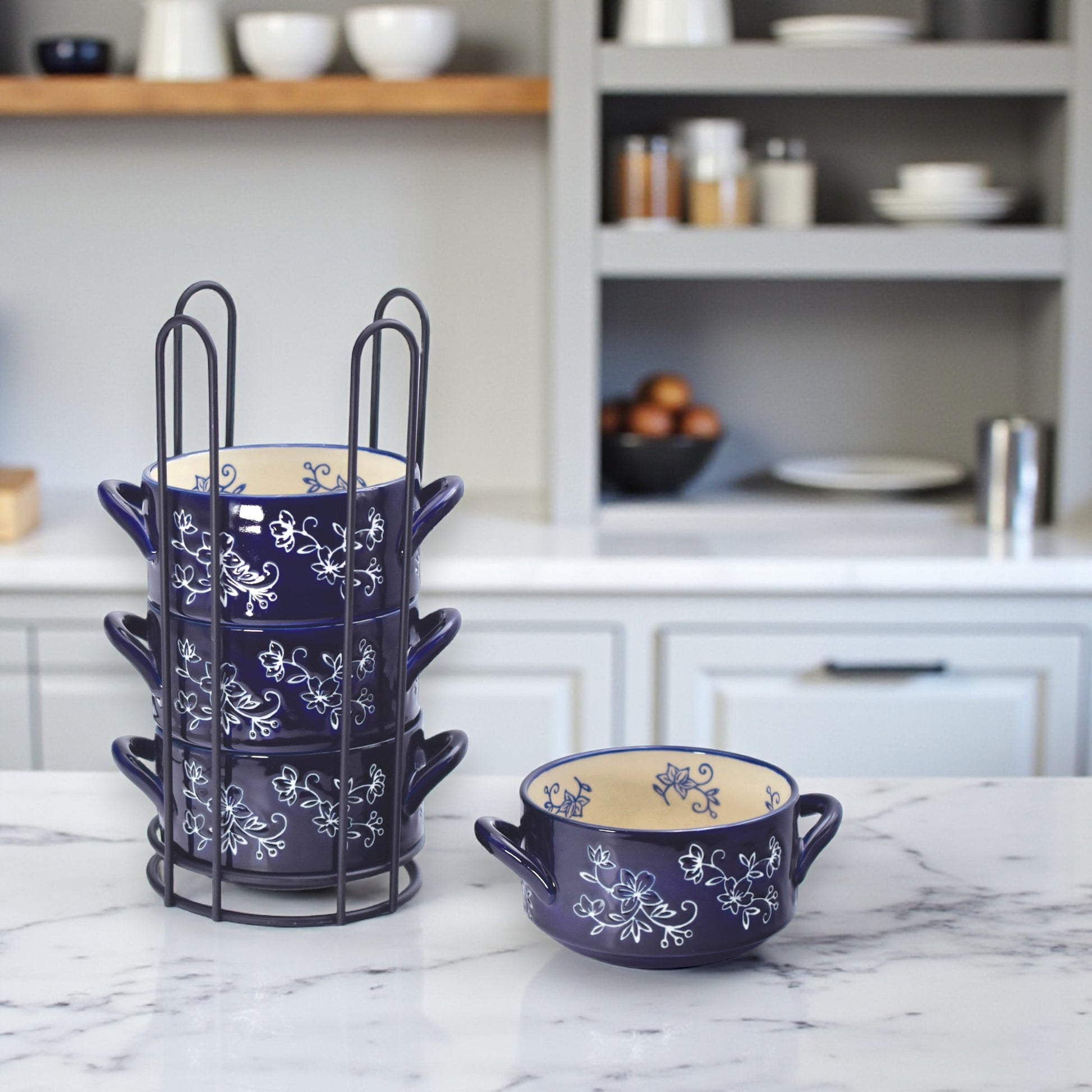 Floral Lace Blue Stack-A-Bowls with Rack - Set of 4 - 22-oz - Temp-tations - Mellow Monkey