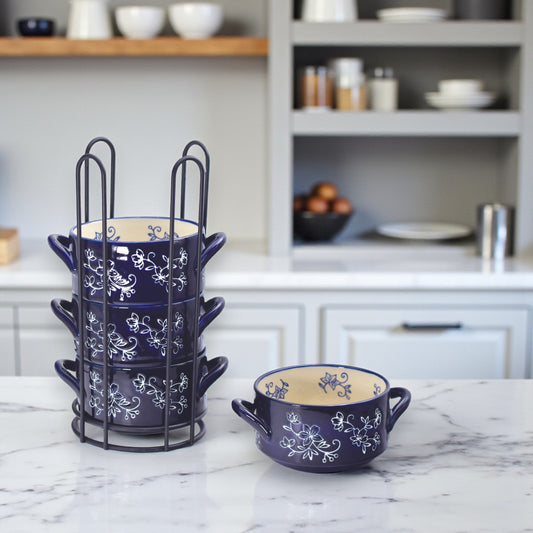Floral Lace Blue Stack-A-Bowls with Rack - Set of 4 - 22-oz - Temp-tations - Mellow Monkey