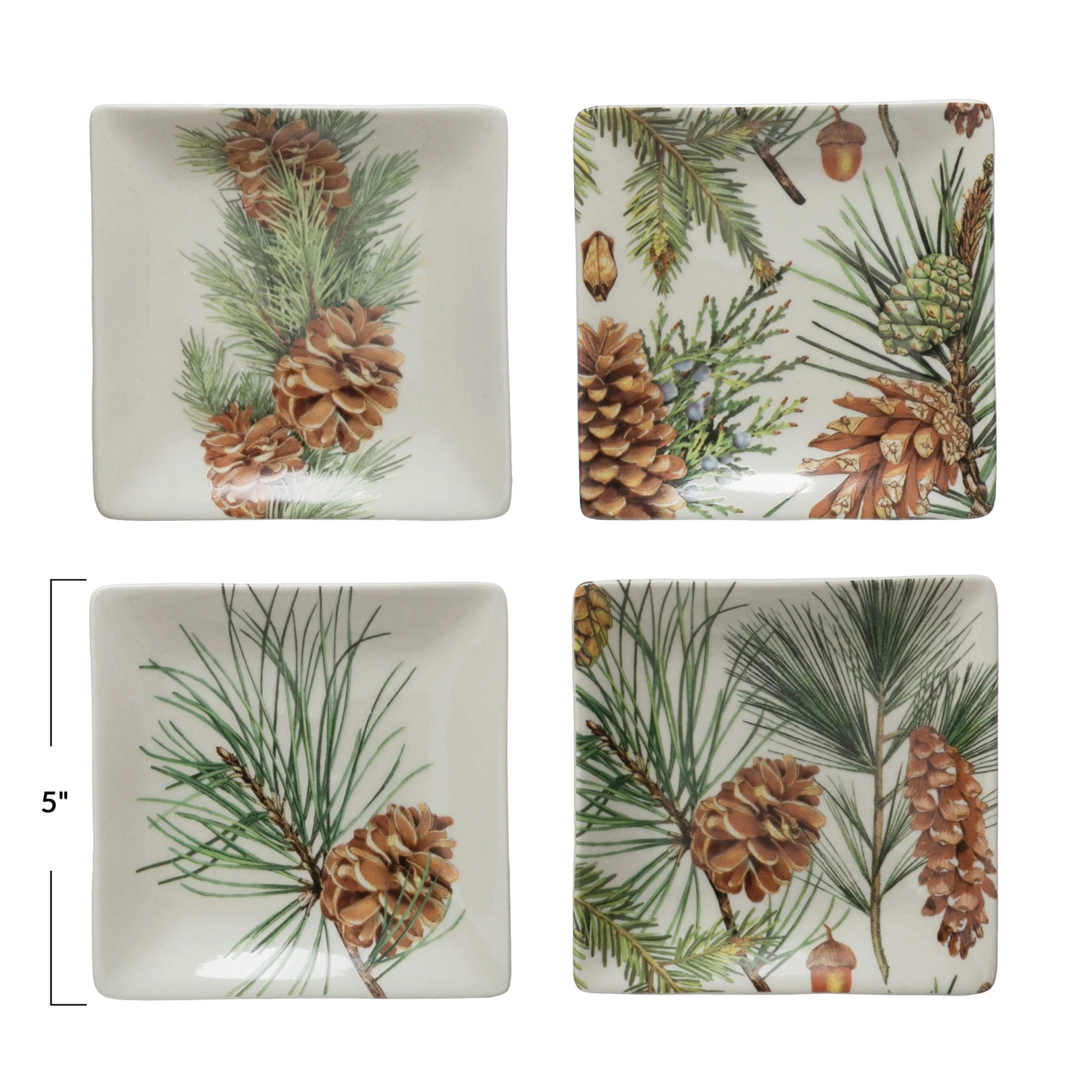 Square Stoneware Plate With Pinecones & Pine Needles - 5-in - Mellow Monkey