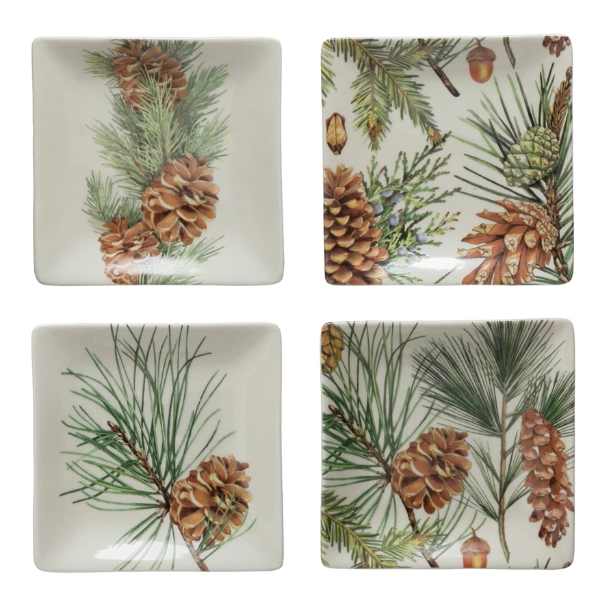 Square Stoneware Plate With Pinecones & Pine Needles - 5-in - Mellow Monkey