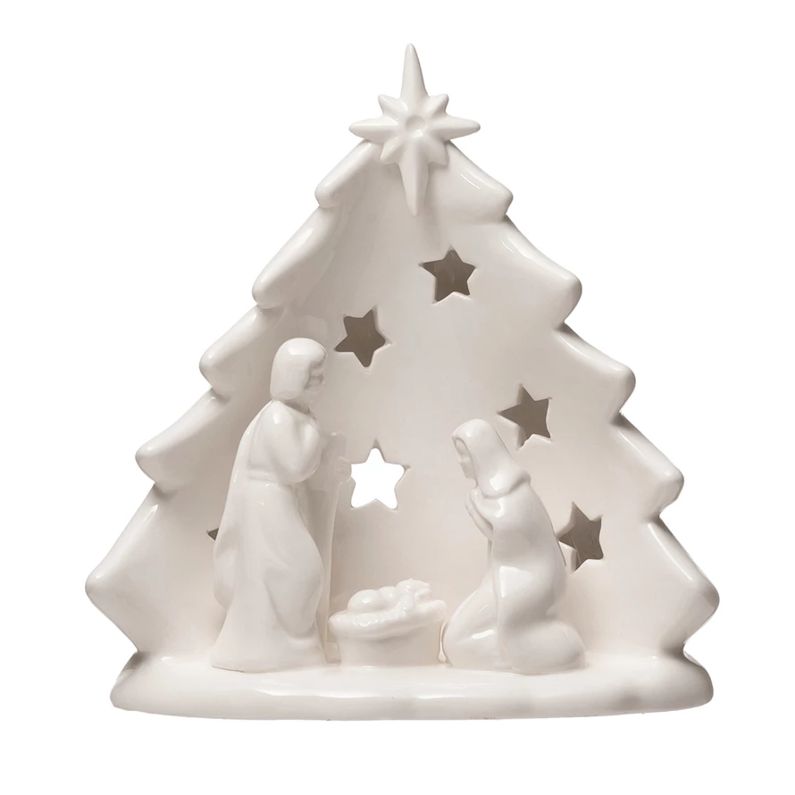 Stoneware Holy Family with Christmas Tree Tealight Holder - 5-3/4-in - Mellow Monkey