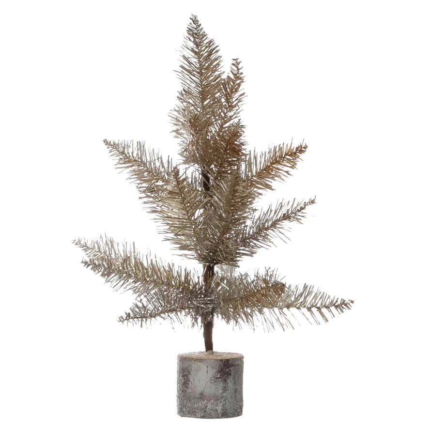 Tinsel Tree With Wood Slice Base - 14" - Mellow Monkey