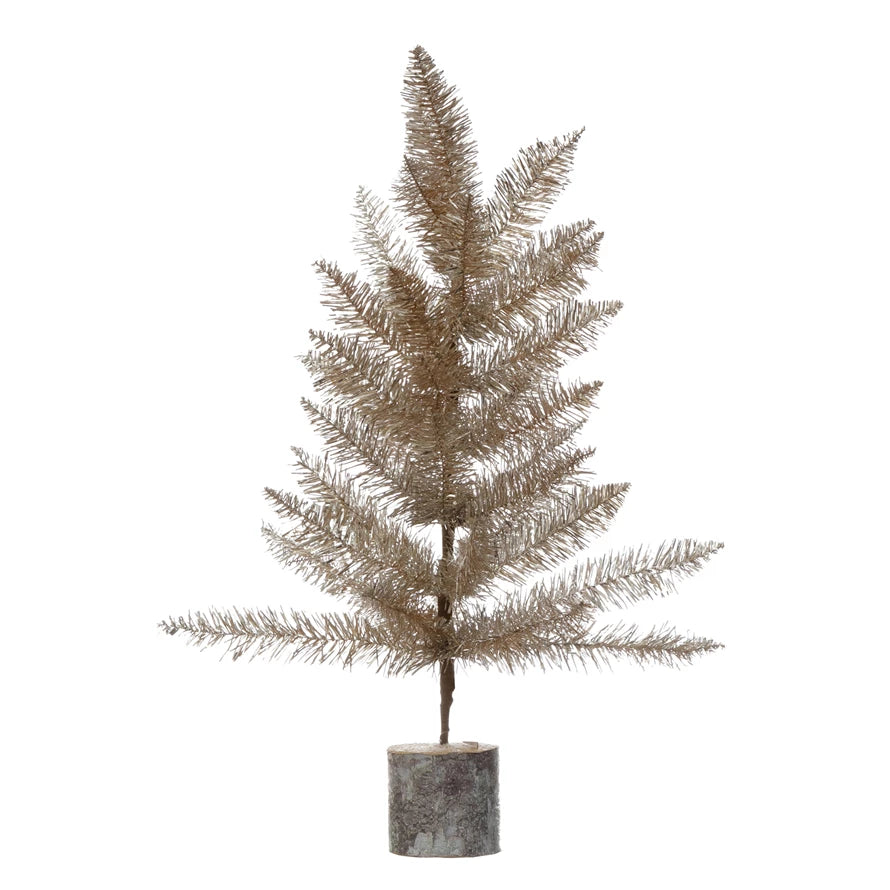 Tinsel Tree With Wood Slice Base - 15" - Mellow Monkey