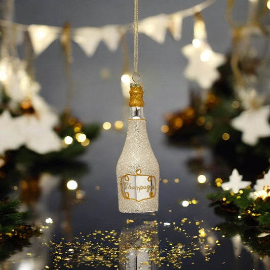 Glass Champagne Bottle Ornament with Glitter - 6-in - Mellow Monkey