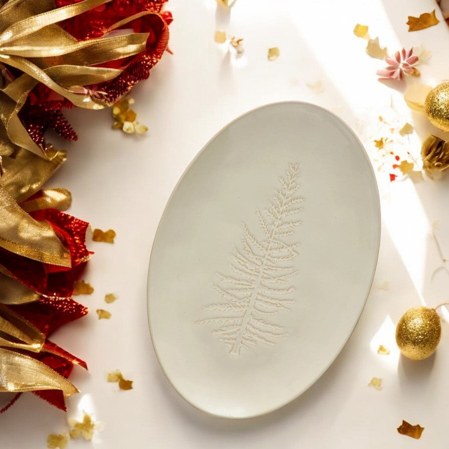 Oval Stoneware Platter with Embossed Tree Design - 12-1/4-in - Mellow Monkey