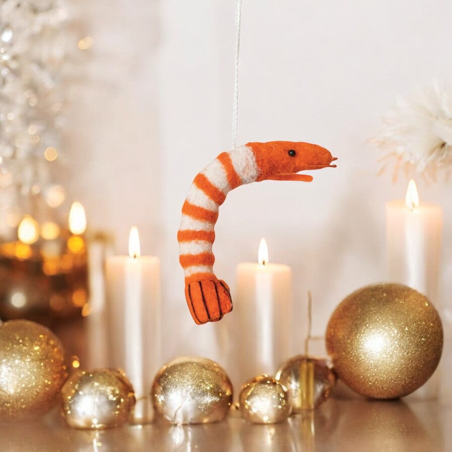 Wool Felt Orange and White Shrimp Ornament - 5-in - Mellow Monkey