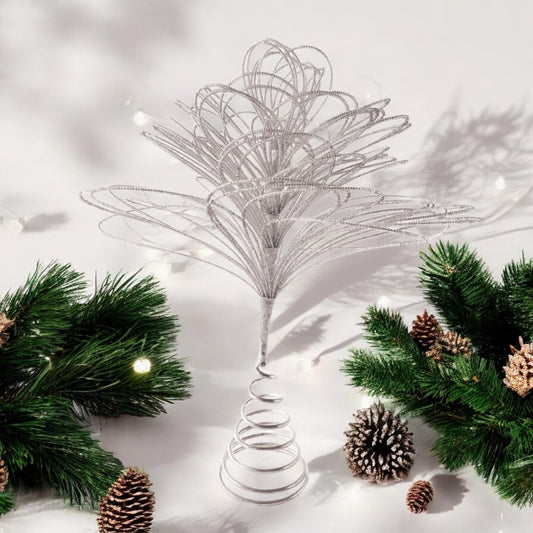 Metal & Glass Beaded Tree Topper with Silver Finish - 14-1/2-in - Mellow Monkey