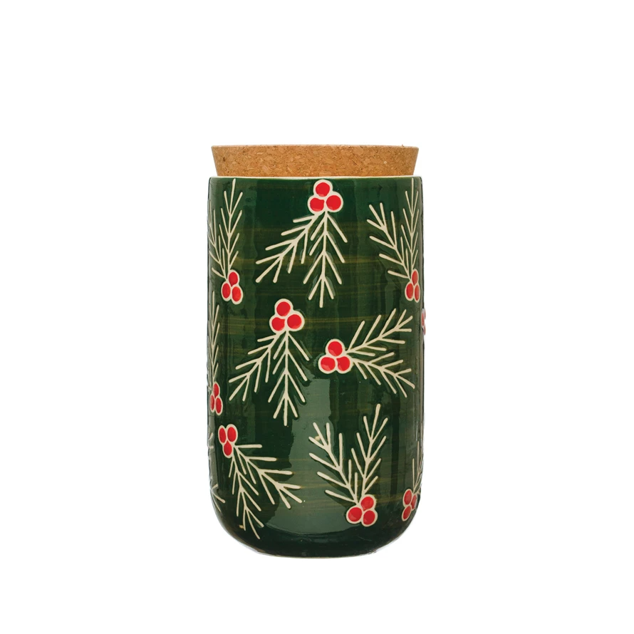 Holiday Berries Stoneware Cannister with Cork Lid - 7-3/4-in
