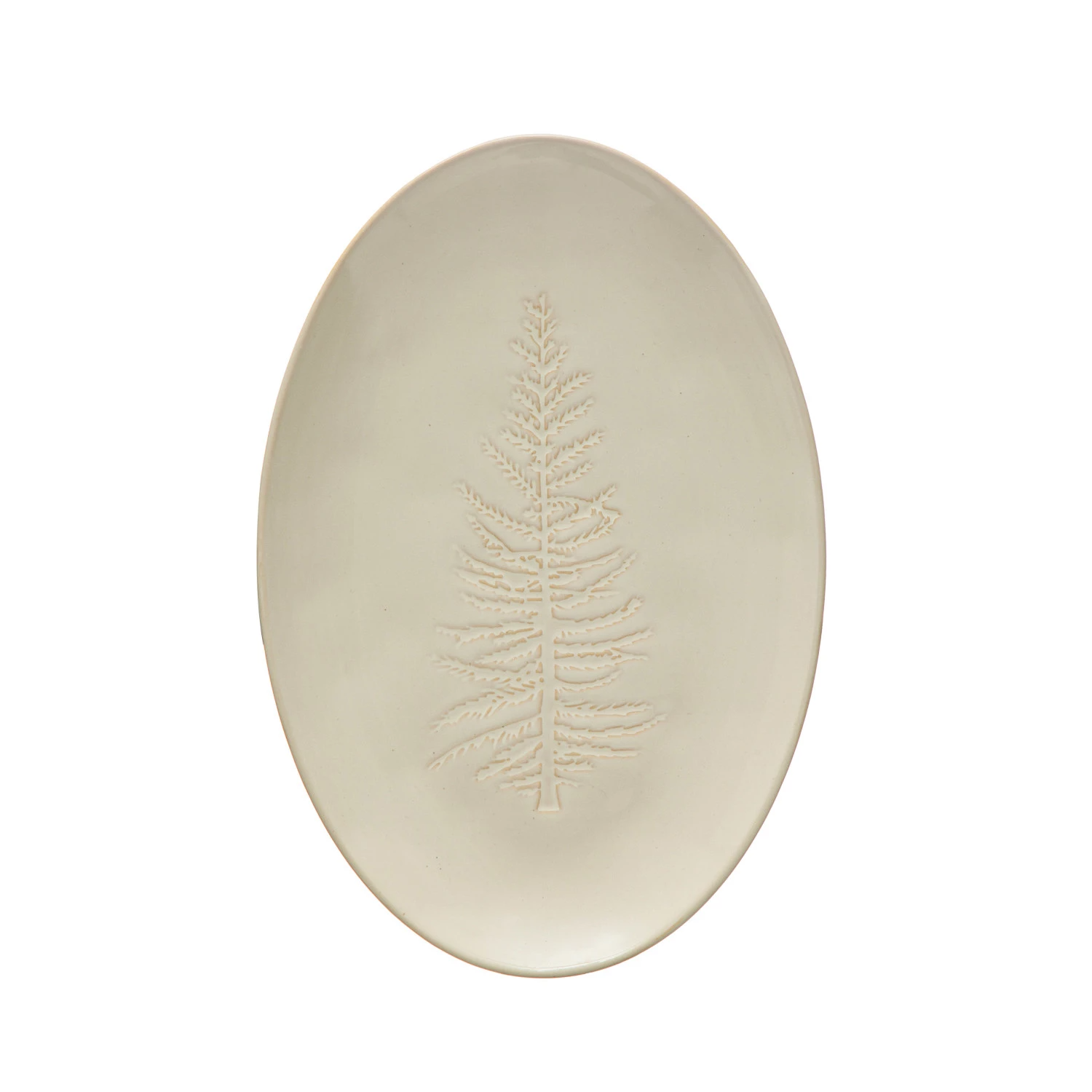 Oval Stoneware Platter with Embossed Tree Design - 12-1/4-in - Mellow Monkey