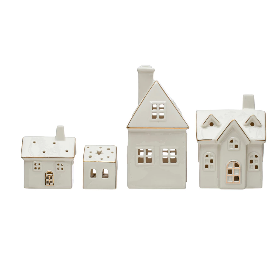 LED Cream Stoneware House with Gold Electroplating - Mellow Monkey