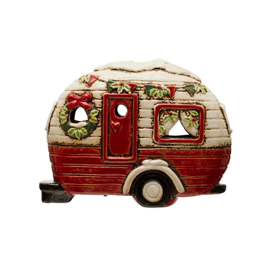 Lighted Hand Painted Holiday Stoneware Camper - 7-1/4-in - Mellow Monkey