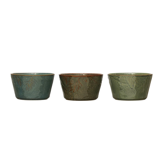 Embossed Stoneware Bowl With Pine Bough - Mellow Monkey