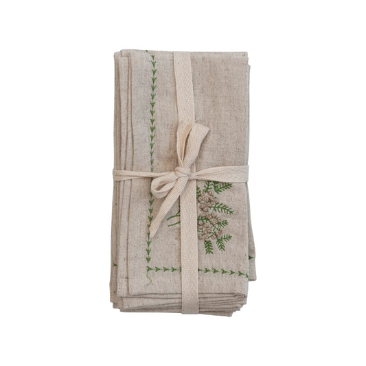 Botanical Embroidered Linen Napkins - Set of 4 - Mellow Monkey
