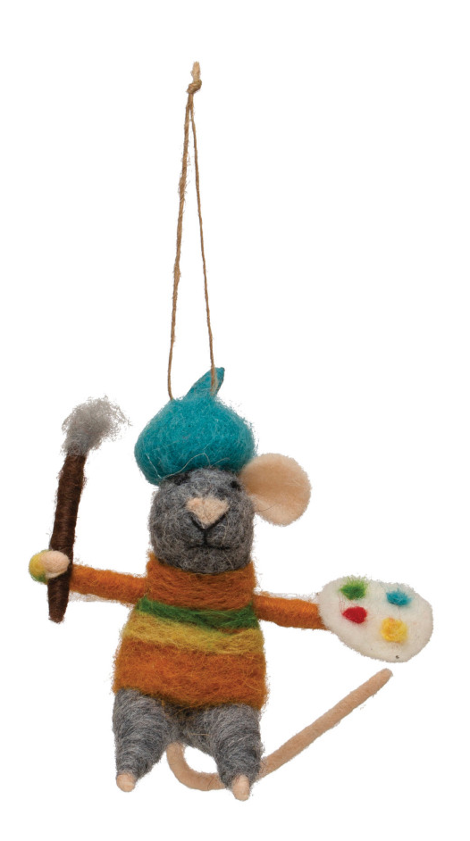 Wool Felt Artistic Mouse Ornament - 5"H