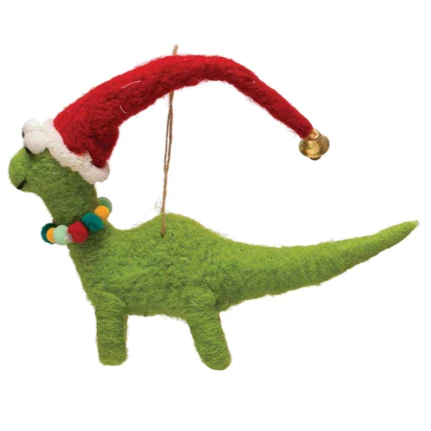Wool Felt Festive Dinosaur Ornament - 5-in - Mellow Monkey