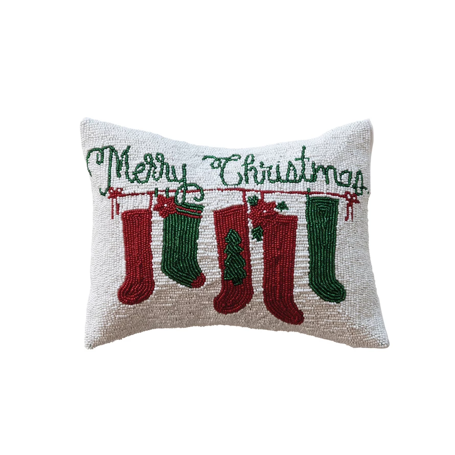 Merry Christmas - Cotton Beaded Lumbar Pillow w/ Stockings & Velvet Back - 14-in - Mellow Monkey