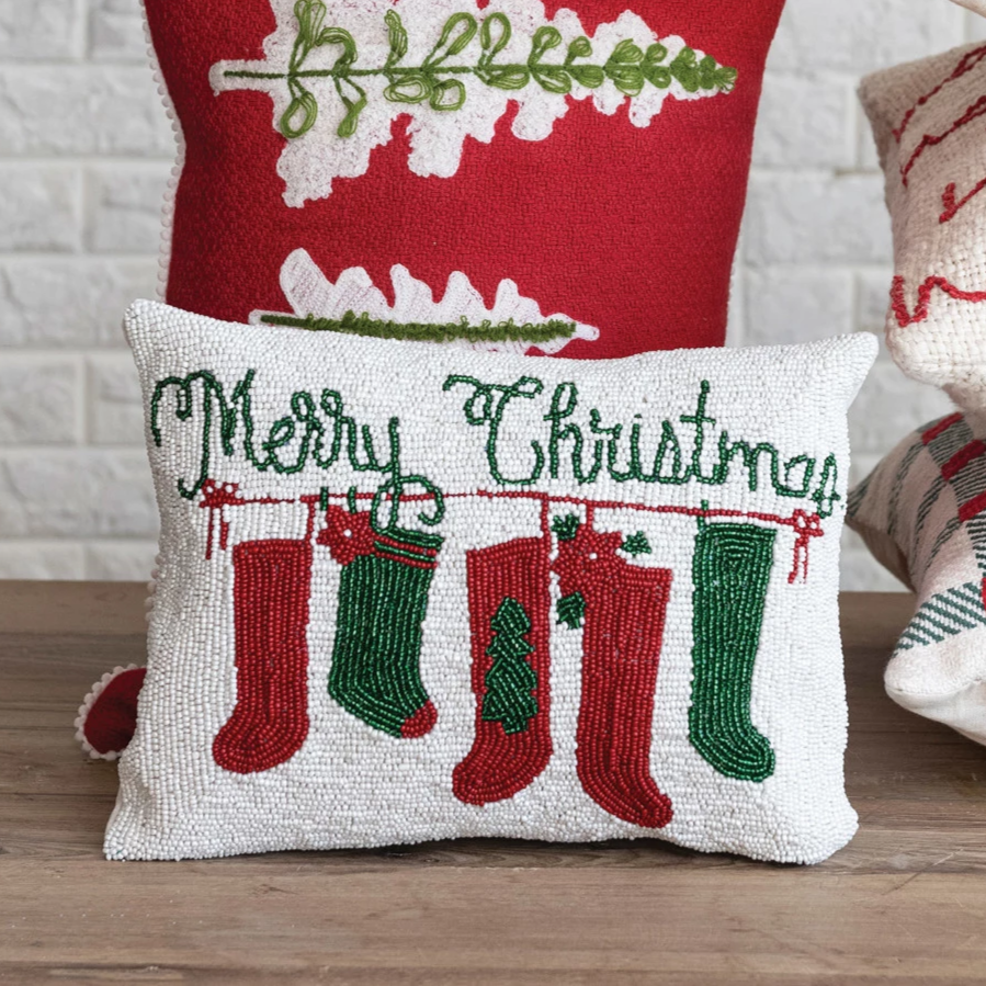 Merry Christmas - Cotton Beaded Lumbar Pillow w/ Stockings & Velvet Back - 14-in - Mellow Monkey