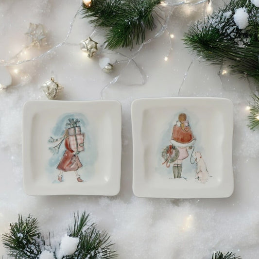 Stoneware Dish With Holiday Girl Imagery - 4-in Square - Mellow Monkey