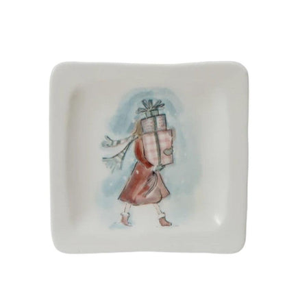 Stoneware Dish With Holiday Girl Imagery - 4-in Square - Mellow Monkey