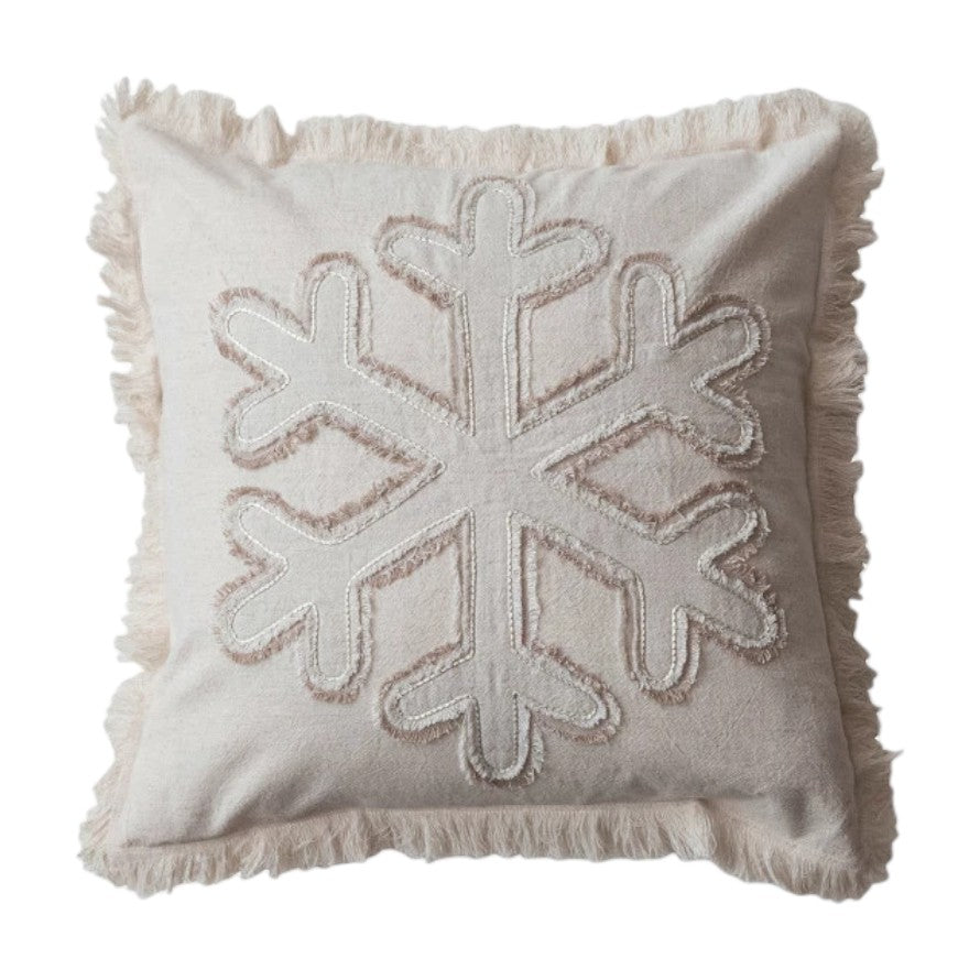 Square Woven Cotton & Linen Pillow with Snowflake Embroidery and Fringe - 18-in - Mellow Monkey